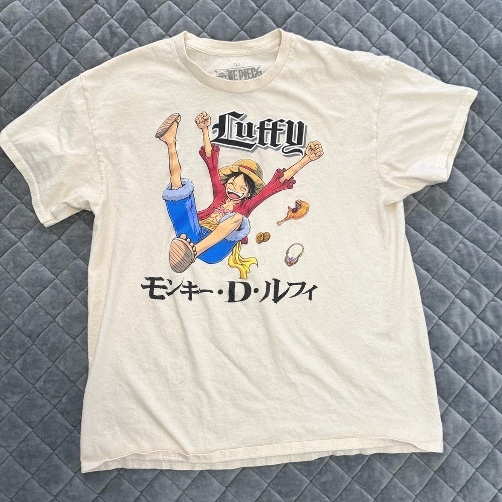 Monkey D. Luffy Graphic Tee by One Piece Large Manga Anime Cream Straw Hat Fan